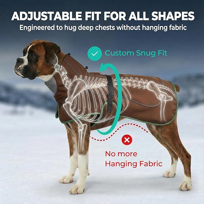 Softshell Dog Winter Vest, Fleece Lined Water-Repellent Jacket with Fur-Safe Buckle (No Hook & Loop) for Hiking, Adjustable Reflective Winter Coat for Active Dogs (Brown, X-Large)