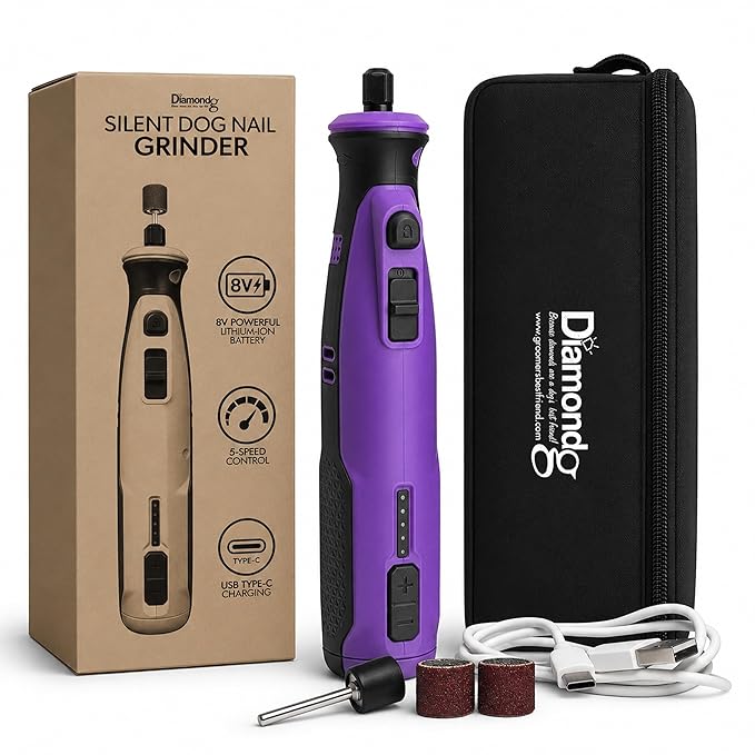 Diamondg Cordless Dog Nail Grinder with Quiet Sound & LED Tip for Large & Small Dogs, 4hrs. Runtime - Electric Dog Nail Trimmer, Heavy Duty Rotary Tool Alternative to Toenail Clippers & Filers