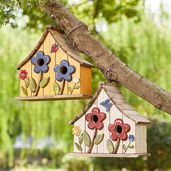 Glitzhome Bird Houses for Outside, 10.75" L Distressed Solid Wood Hanging Birdhouse with 3D Flowers Rustic Two-Story Townhouse Hand-Painted Garden Bird Houses for Outdoors,Washed White