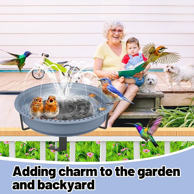 Bird Baths for Outdoors, Rustproof Metal Clamp Birdbaths & Birdfeeder with Detachable Plastic Basin, Outdoor Bird Feeding & Watering Station for Wild Birds Garden Patio Balcony (Grey)