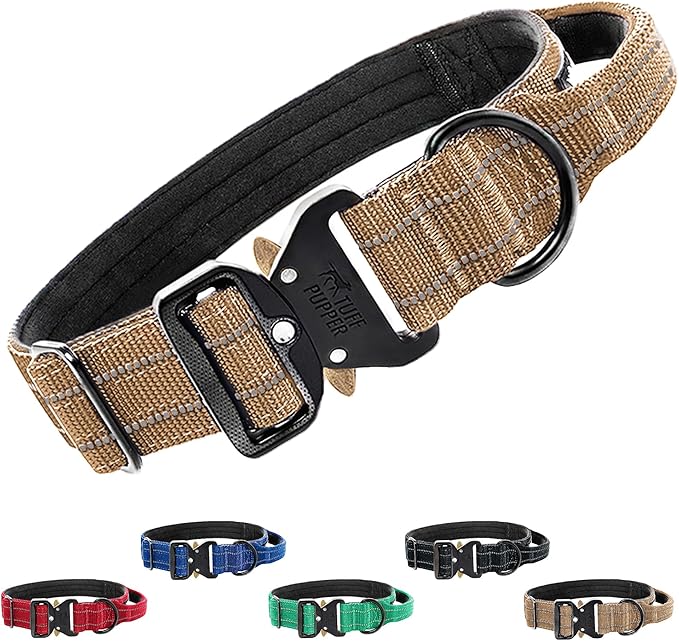 Tuff Pupper Tactical Dog Collar | Heavy Duty 1.5" Wide Ballistic Nylon | Training Control Handle | Quick-Release Metal Buckle | Reflective Bands | ID Tag Holder | Padded Inner Lining (Tan, Large)