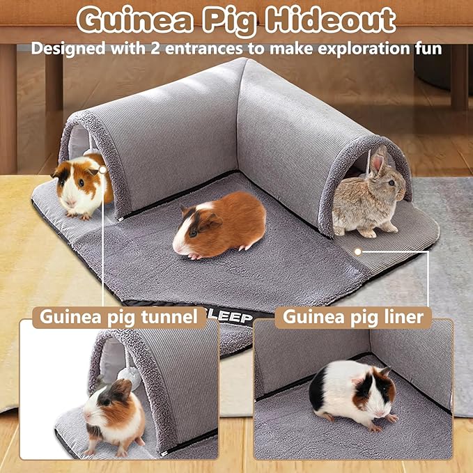 PINVNBY 3Pcs Guinea Pig Hideout Tunnel Tube with Removable Base & 2 Liners and Washable Soft Rabbit Bed & Small Animal Tunnel Tube Cage Accessories for Chinchillas, Hamsters, Ferrets, Bunny（Gray）