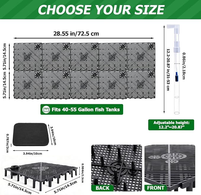Sieral Under Gravel Aquarium Filter for 20-29 Gallon Tanks, 10 Pcs 5.7'' x 5.7'' Plates, Under Gravel System for Clean Water, with 2 Uplift Tube and 1 Filter Cotton, for Fish Tank Fresh and Saltwater