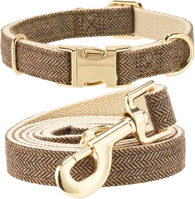 Luxury Soft Cotton Tweed Fabric Dog Collar & Leash Set with Gold Buckle – Durable Fabric, Stylish Design for Everyday Walks(Large Coffee)