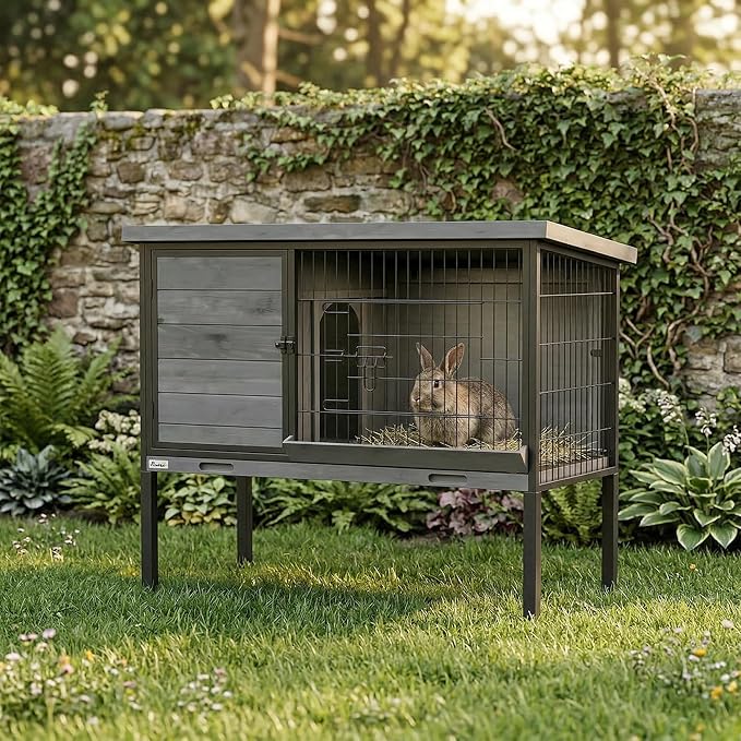 PawHut Elevated Rabbit Hutch Outdoor, Wooden Rabbit Cage Bunny House with Pull-Out Tray and Openable Plastic Roof for Indoor Outdoor, Light Gray