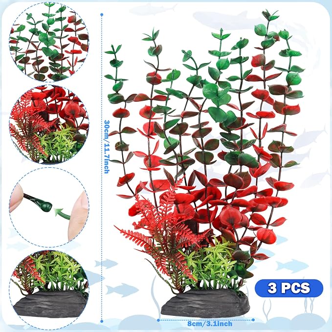 QUOZUO Aquarium Large Plants Decoration, Aquarium Decorations Artificial Plastic Plants, Dark Red Fish Tank Accessories 3pcs