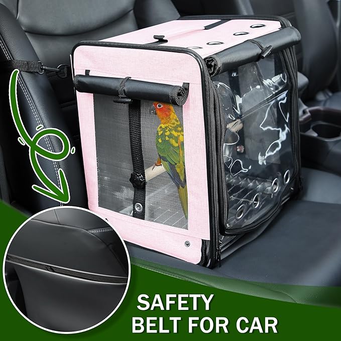 Bird Carrier with Seat Belt for Car Travel, Bird Backpack Carrier with Indestructible Stainless Steel Mesh, Large Bird Carrier Travel Cage, Pink