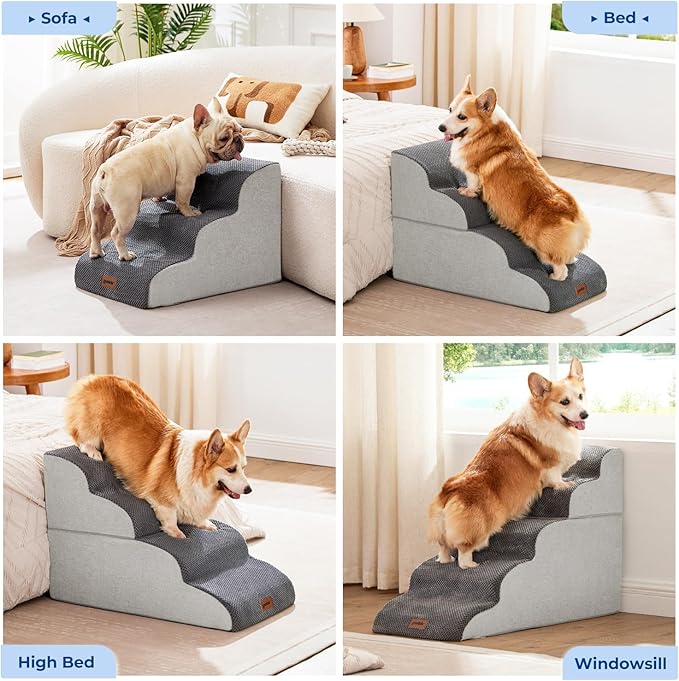 ZOMISIA Dog Stairs for Small Dogs - Pet Stairs for Couch and Bed, 35D Foam Dog Steps Ramp with Non-Slip Bottom Beige, 3 Steps