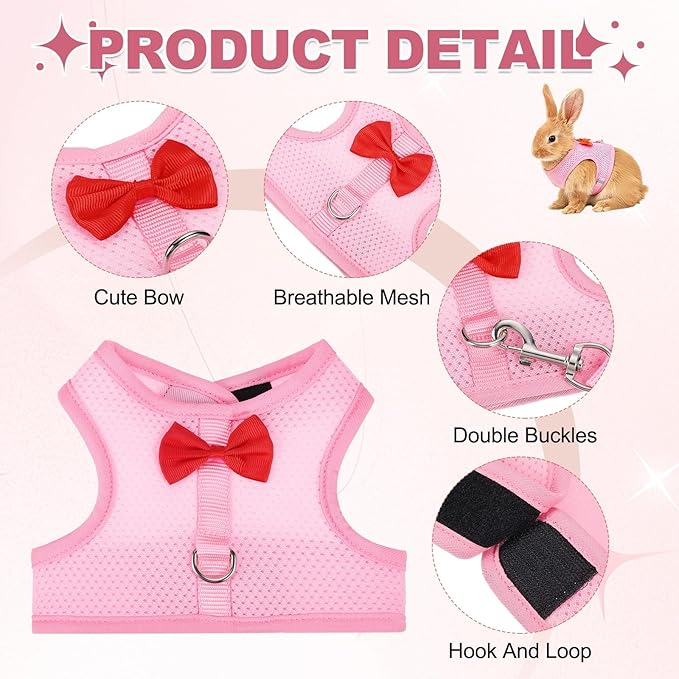 Rabbit Harness and Leash, Small Pet Cute Vest Harness Leash Soft Adjustable Buckle Breathable Mesh (L, Pink) for Bunny Kitten Small Pig Puppies Camping Hiking Training