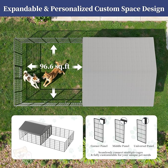 Gotland Dog Kennel Outdoor 10 x10 x6 FT, Dog Cage Outdoor for Medium/Large Dogs with Feeding Door Waterproof Roof Double Secure Locks Ground Spikes, All Weather Heavy Duty Dog Enclosure for Backyard