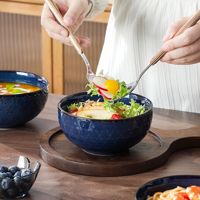 MALACASA Cereal Bowls, 30 Ounce Ceramic Blue Soup Bowl for Kitchen, Stoneware Bowls Set of 4 with Embossment for Pho, Chip, Fruits, Salad, Noodle, Ramen - 6 Inch, Series LYDIA