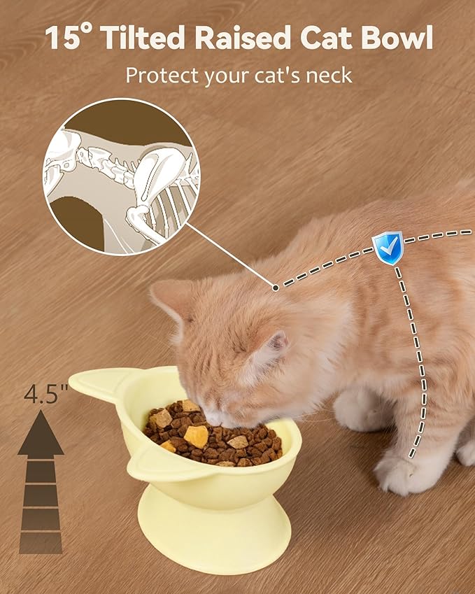 MateeyLife Raised Cat Bowls, Cat Food Bowl Elevated for Kittens & Small Dogs, 15°Tilted Protect Pets' Neck and Anti Vomiting, Whisker Friendly Food & Water Feeding Bowl, 6 oz Each - Yellow