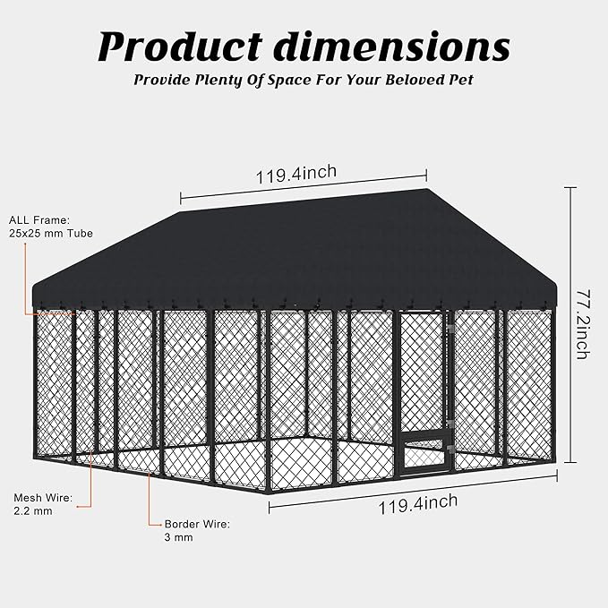10x10FT Dog Kennel Outdoor with Roof - Heavy Duty Metal Fence Playpen for Large Dogs, Weatherproof Enclosure with Double Lock Gate & Feeding Swivel Door
