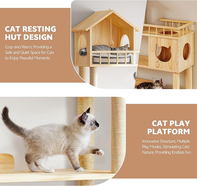 Wood Cat Tree for Automatic Litter Box, 74.4" Tall Cat Tower for Self Cleaning Litter Box, Cats Tree for Indoor Cats Large Adult, 5-Level Solid Wood Cat Furniture w/Scratching Post, House