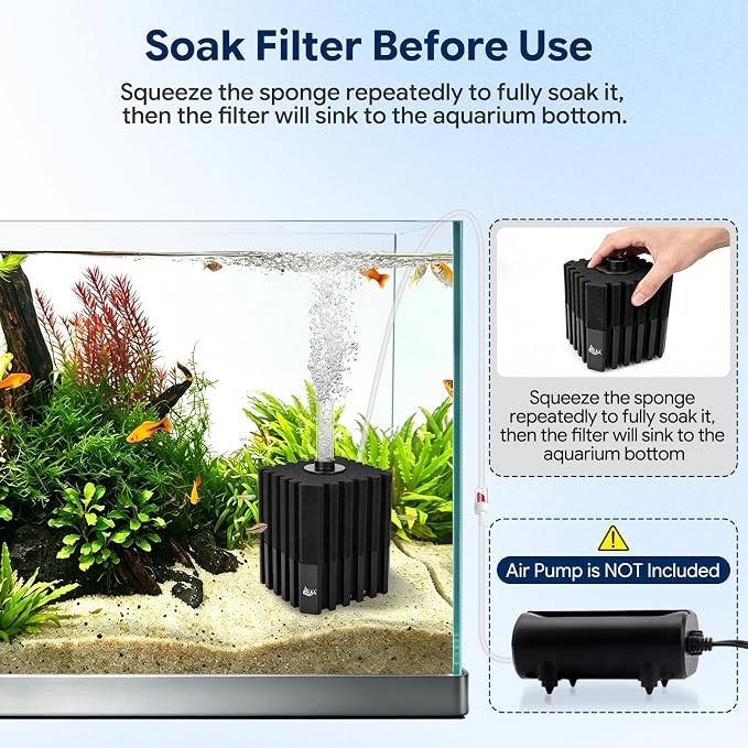 AQQA Aquarium Sponge Filter with Quartz Bio Media, Whisper Quiet Air-Driven | Corner Filter for Fish Tank, Submersible Bio Foam Filter for Breeding Fry Betta Shrimp (Small for 0-5 Gallon)