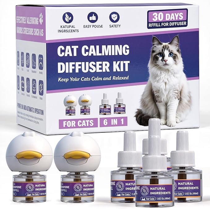 Cat Calming Pheromone Diffuser, Cat Anxiety Relief Diffuser Plug in Calmer with 2 Diffusers & 4 Refills, Reduce Cat Anxiety, Cat Fighting, Urine Marking, Scratching & Stress 48ml/Bottle for All Cats