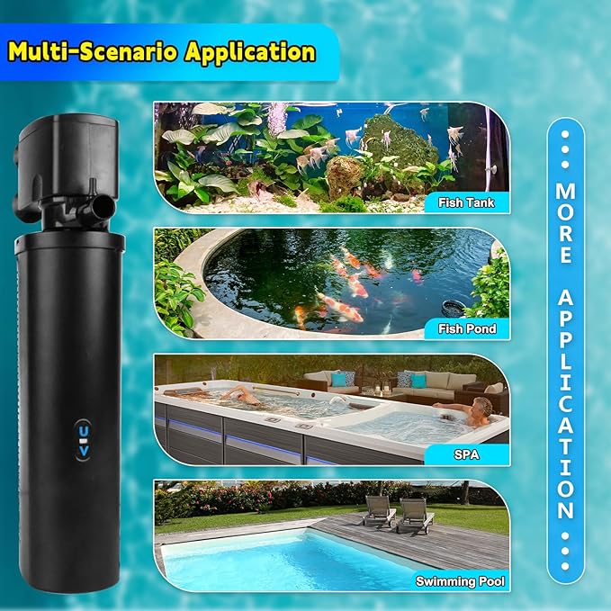 600GPH UV Aquarium Filter for 100-300 Gal Tank, Large Fish Turtle Tank Green Water Clean Machine Submersible Canister Filter Powerful Pump Pond Filter for Saltwater Freshwater Crystal Green Killing
