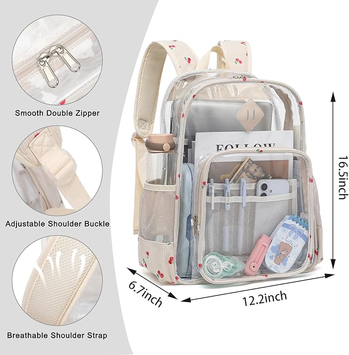 Clear Backpack for Girls Women School Bookbag Heavy Duty Transparent Backpacks (Corduroy Cherry)