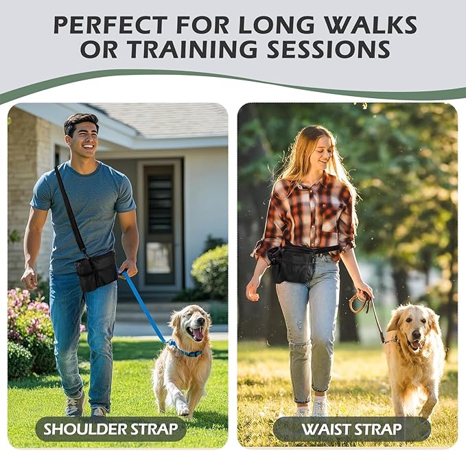 Dog Treat Training Pouch with Magnetic Zipper Closure - Built-in Poop Bag Dispenser, Side Pocket for Dog Water Bottle, 3 Ways to Wear,Carry Kibble & Pet Toys (Black)