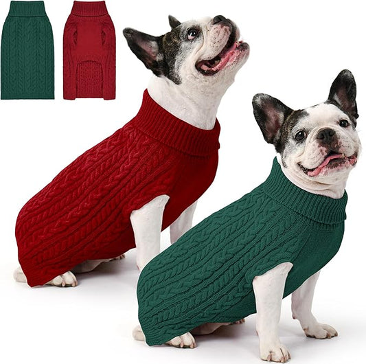 2 Pack Dog Sweaters for Medium Dogs Winter Turtleneck Pullover Cable Knit Fleece Stretch Frenchie Dachshund Pug Corgi Beagle Boy Girl Pet Clothes (L, Red & Green)