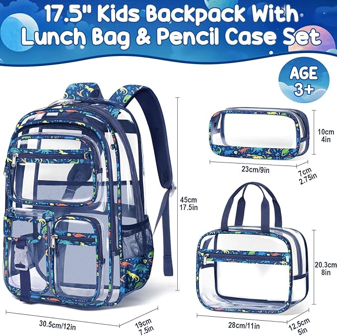 Fimibuke Clear Backpack for Boys, 3PCS Heavy Duty PVC Transparent Boys Backpack with Lunch Box & Pencil Case, School Stadium Event Approved Toddler School Bookbag for Preschool Kindergarten Elementary