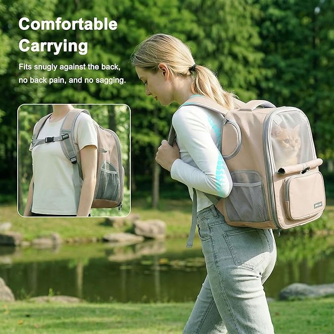 Cat Backpack Carrier Expandable, Breathable Mesh & Lockable Zippers & Shaded Curtains & Multi-Entry, Pet Backpack for Kitty Puppy Small Dogs Up to 18lbs for Travel, Hiking, Car, Vet(Khaki)