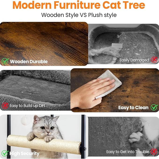 Wood Modern Cat Tree Tower for Indoor Large Cats, 48-Inch Tall Wooden Cat Trees with Big Perch Bed, Multi-Level Condo with Scratching Board Posts, Removable Pads, Cat Furniture, Rustic Brown