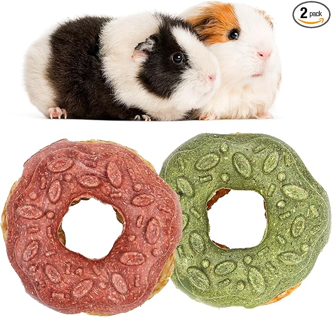 TEEWY Donut Guinea Pig Toys, Natural Vegetables, Fruits and Timothy, Hamster Chew Toys for Teeth, Gerbil Toys, Small Animal Chew Toys for Guinea Pig, Hamster, Chinchilla and Rat, 2PCS