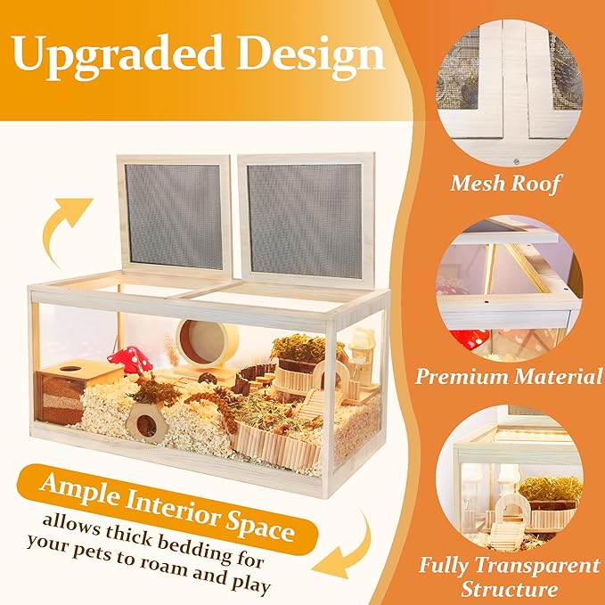PROLEE Hamster Cage with Metal Mesh Top, Chewproof Wooden Guinea Pig Cages, Mice and Rat Habitat,Large Hamster Cages with Acrylic Sheets Solid Built (24X16X16 Inch)