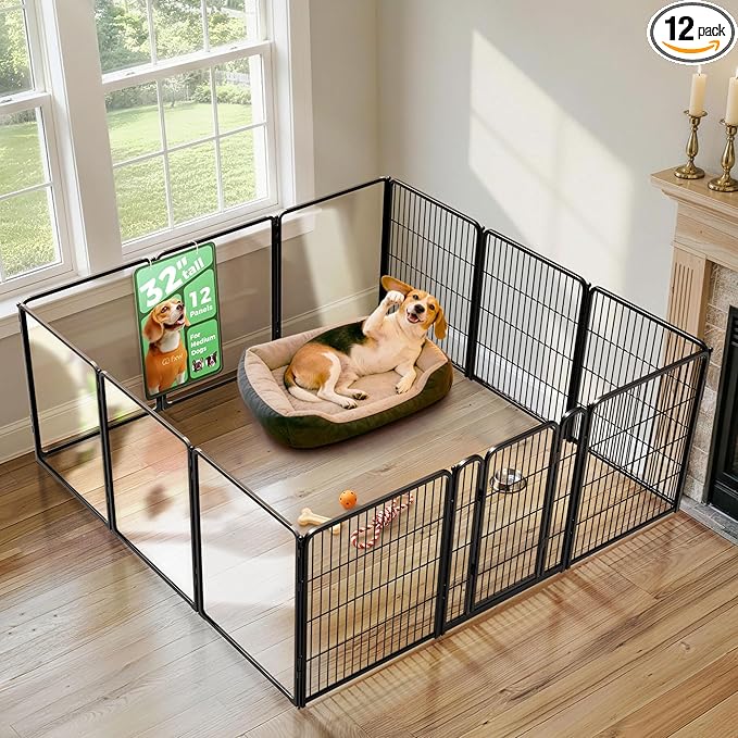 FXW AuraSpace Pro Acrylic & Wire Mesh Indoor Dog Playpen, 32" Height 12 Panels Metal Dog Pen for Small and Medium Dogs, Black│Patented