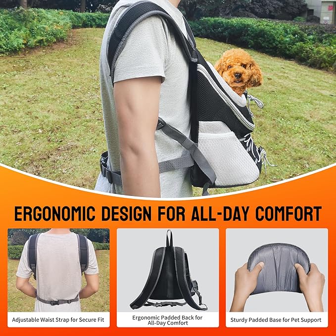 Dog Carrier Backpack for Small Dogs 2-15 lbs, Breathable Front Chest & Back Pet Carrier, Puppy Backpack with Safety Tether for Hiking Walking, Shoulder Bag for Dog, Black Grey (L)