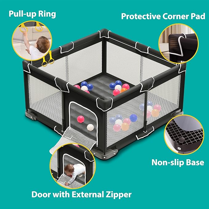 ICAREWAY Foldable Playpen for Babies and Toddlers, 50x50 Inches Portable Playpen, Kids Collapsible Play Pen with 2 Handlers, Indoor & Outdoor Baby Fence Play Area with Visible Mesh, Black