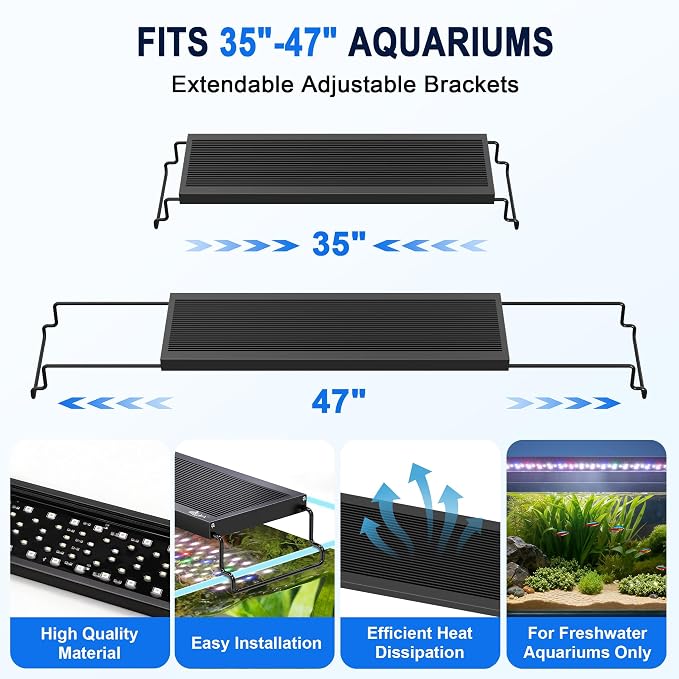 AQQA 24/7 Aquarium Light with Timer, Full Spectrum LED Fish Tank Light | for Freshwater & Plants, 9 Dimmable Light Modes, 10 Adjustable Brightness, Extendable Brackets for 35-47 inch Tank,56W Black