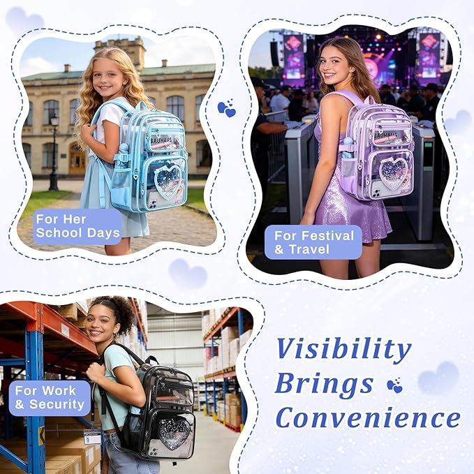 Clear Backpack for School Girls, Cute Heavy Duty PVC Transparent Bookbag, See-Through Bag for Stadium Event Semi-Black