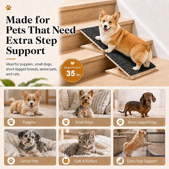 2 Pack Dog Ramp for Stairs - Solid Wood Adjustable & Foldable Pet Ramps, 3 Heights, Non-Slip Silicone Base & Traction Felt, 35lb Capacity, Indoor Stairs & Porch