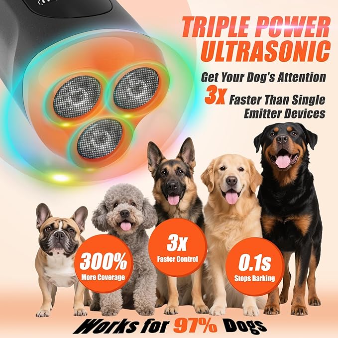 Dog Bark Deterrent Device - 3X Ultrasonic Anti Barking Device Stop Barking Control for Small Medium Large Dog Outdoor Indoor Behavior Correct 4 Training Modes Up to 50Ft Long Range