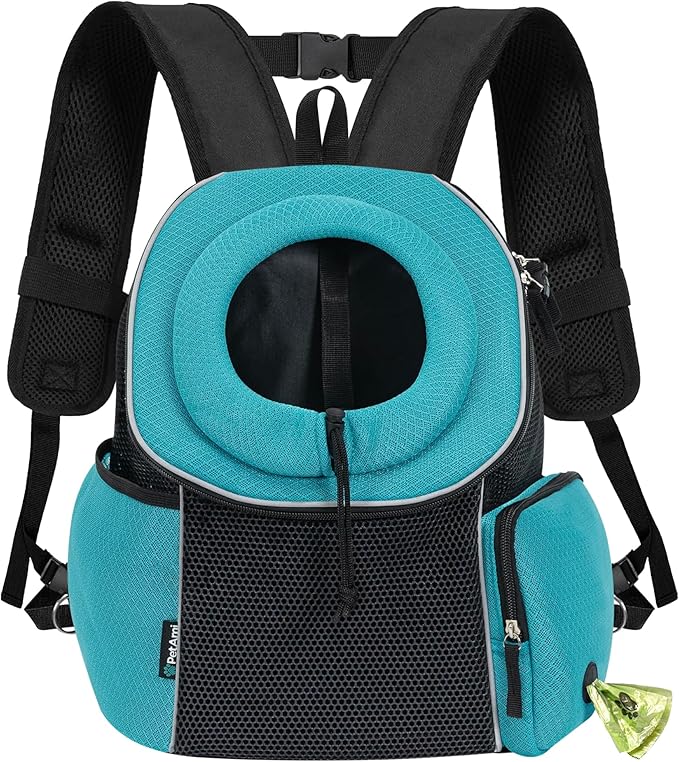 PetAmi Front Carrier Backpack, Ventilated Adjustable Pet Chest Carrier for Dog Cat, Hiking Camping Travel, Small Puppy Medium Cat Carrying Bag, Max 14 lb, Sea Blue