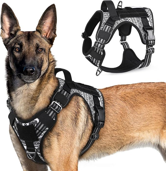 rabbitgoo Tactical Dog Harness for Large Dogs, No Pull Military Service Vest with Handle & Molle, Easy Control for Training Walking, Adjustable Reflective Straps, Black & White Geometric, XL