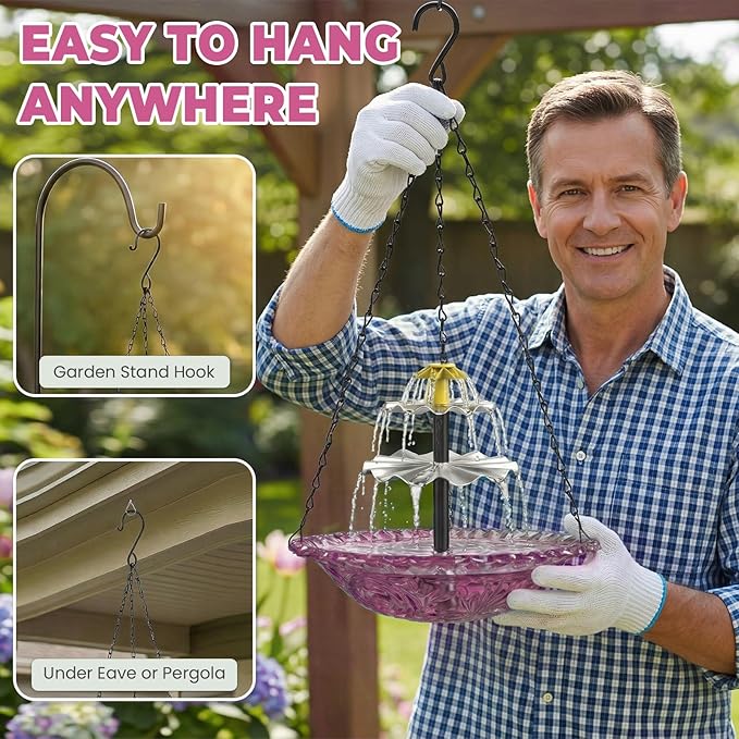 Solar Fountain for Bird Bath, Hanging Cascade Water Feature for Outdoor Garden & Yard Decor, Creates a Relaxing Flow that Attracts Birds (Purple)