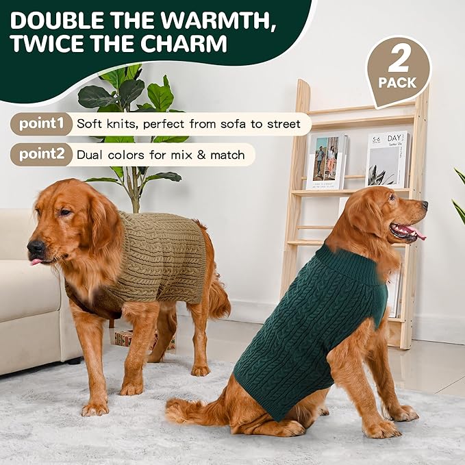 2 Pack Dog Sweaters for Large Dogs Winter Turtleneck Pullover Cable Knit Fleece Stretch Pitbull Labrador Golden Retriever Doberman Bulldog Boy Girl Pet Clothes (XXL, Green & Brown)