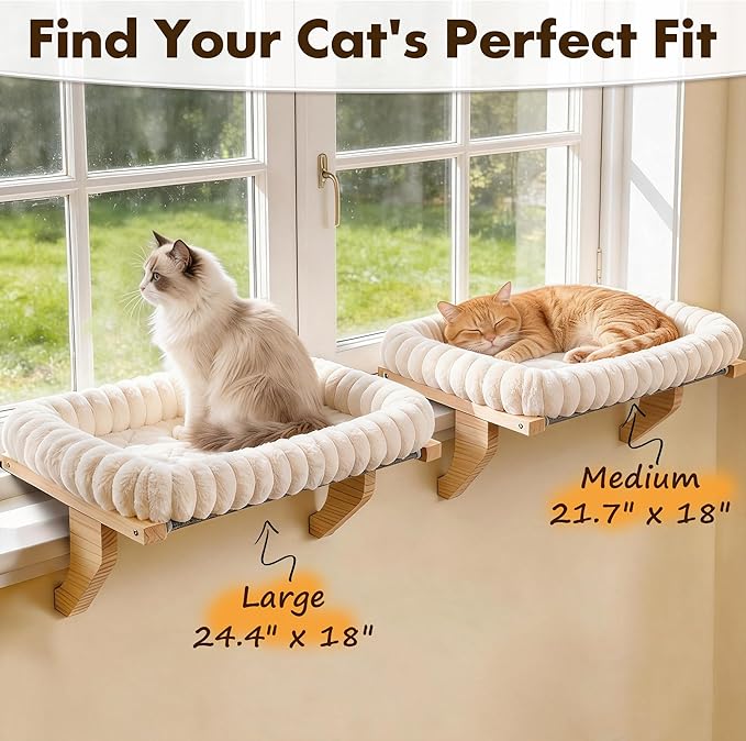 Zoratoo Cloud-Cuddle Cat Perch for Window Sill with Bolster, Natural Wood & Metal Frame Cat Window Seat for Large Cats, Easy to Adjust Zipper Cushion Pet Bed for Windowsill (Large)