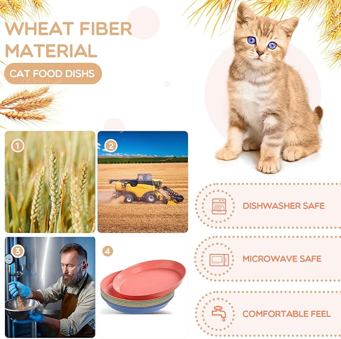 8 Pcs Whisker Fatigue Cat Bowls, 6 Inch Shallow Cat Food Dish Wide Cats Feeding Bowls, Wheat Straw Pet Plate for Kittens and Short Legged Cats