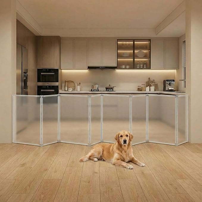 Sintuff Clear Plastic Dog Playpen Gate 8 Panel 165" W x 28" H Transparent Freestanding Pet Playpen Indoor Foldable Adhesive Pet Fence Barrier for Doorway for Small Dogs Puppy
