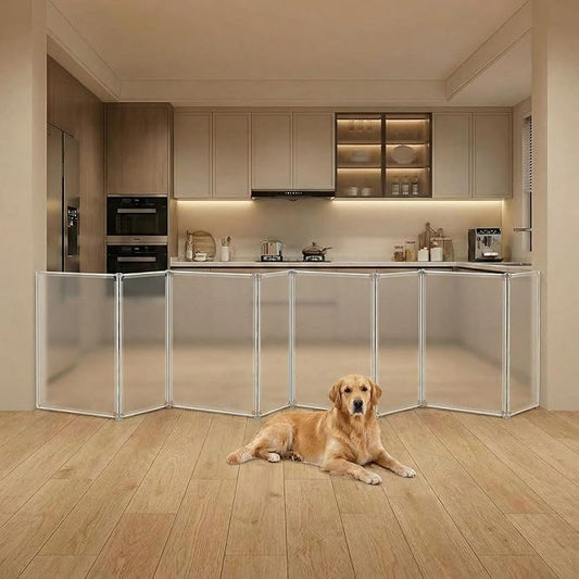 Sintuff Clear Plastic Dog Playpen Gate 8 Panel 165" W x 28" H Transparent Freestanding Pet Playpen Indoor Foldable Adhesive Pet Fence Barrier for Doorway for Small Dogs Puppy