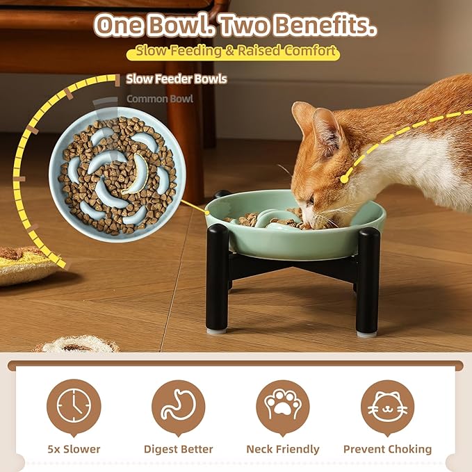 Elevated Slow Feeder Cat Bowl - Ceramic Cat Food Dish with Anti-Slip Stainless Steel Stand - Raised Maze Plate for Slow Eating - Light Pink