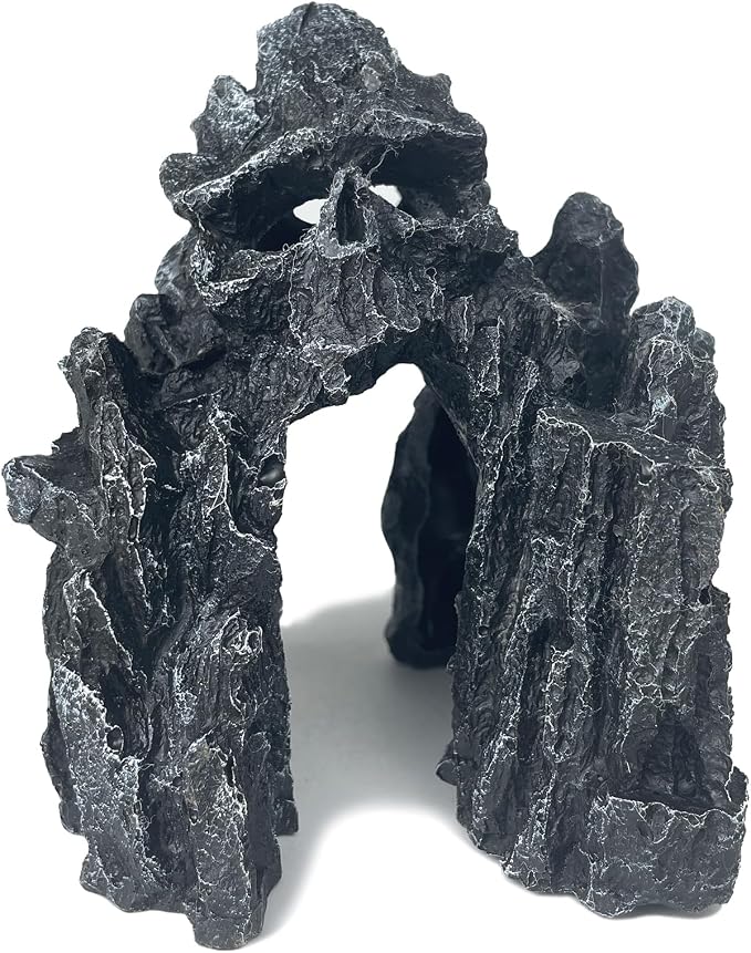 Aquarium Decor - Small Skull Rock Cave for Fish Tank, Aquarium Hideout Ornament with Skull Texture for Betta, Guppy, Shrimp, Spider - Aquatic Hide Decoration, Fish Hiding House（Black）