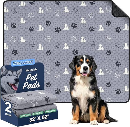 WanpeeGoo Washable Pee Pads for Dogs Mat, 2 Pack Absorbent Reusable Training Dog Pads Pet Puppy Pads, Non-Slip Potty Pads for Whelping, Playpen, Crate, Bed, Grey 32"x52"