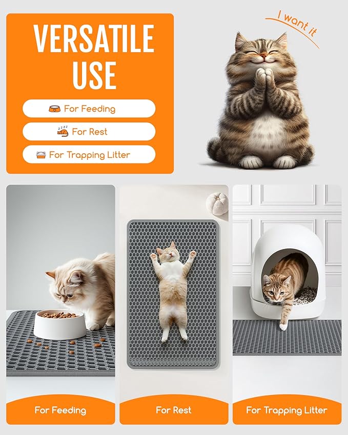 Powools Cat Litter Mat - 46" x 35" Jumbo Litter Box Mat with Double Layers, Urine-Proof and Non-Slip Litter Trapping Mat, Easy to Clean Kitty Litter Mats for Floor, Scatter Control, Grey