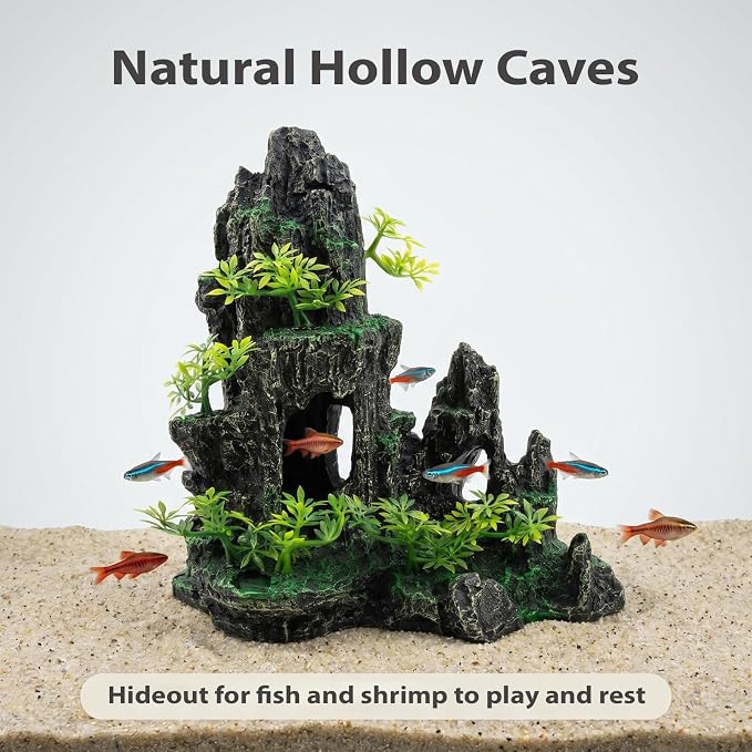 Aquarium Mountain View Stone Ornament, Large Resin Hideout Cave for Betta & Shrimp, Fish Tank Decor Rock Cave with Fish Cave and Hideouts (10.63" x 6.30" x 10.24")