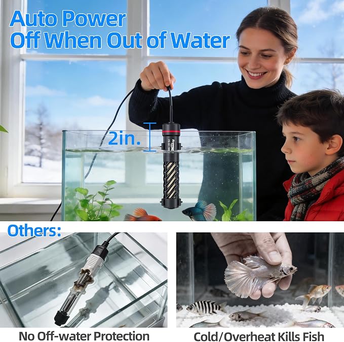 FREESEA Aquarium Heater for Fish Tank: Stable Temperature Maintains 78°F | 100W Worry-Free Heating via Dry Run Protection for 10-20 gal Betta Turtle & Saltwater Tank